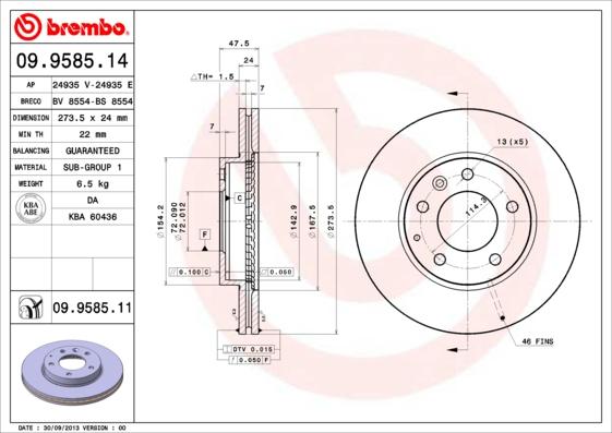 

Тормозной диск brembo передний для Mazda 323 F VI 01-04, 6 02-, 626 V sw 98-02 09.9585.14