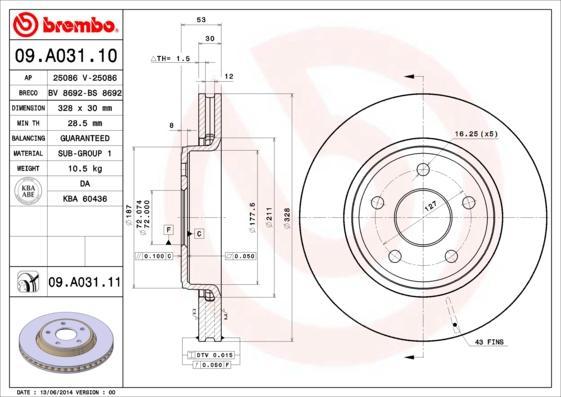 

Тормозной диск brembo передний для Jeep Commander 05-, Grand Cherokee III 05- 09.A031.10