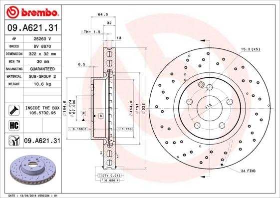 

Тормозной диск brembo передний для Mercedes-Benz C-Class C250, C280, C300, C320 09.A621.31