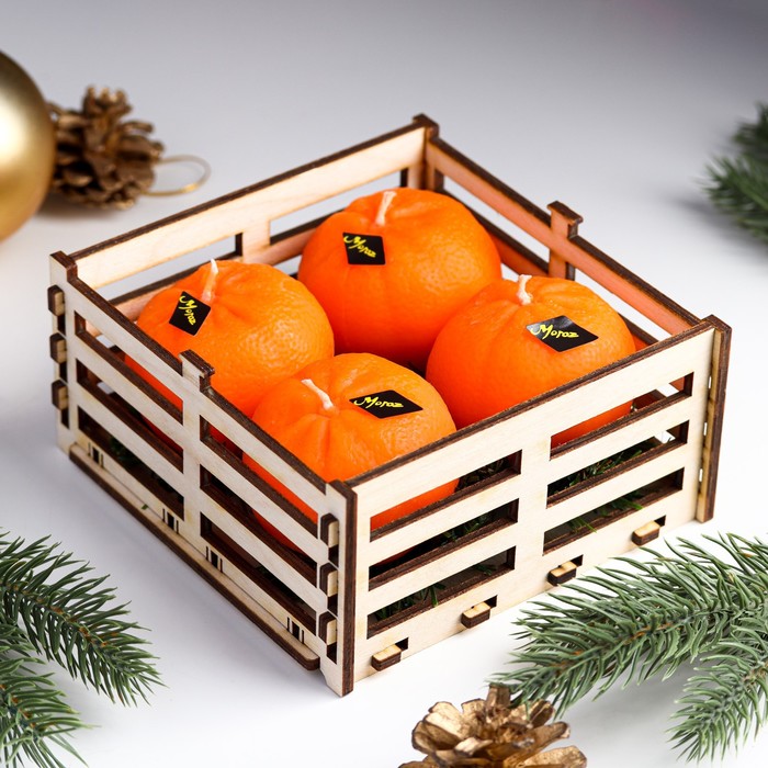 

Набор новогодних свечей Мандарины в ящике, 4 шт, 13,6x13,6x6,6 см