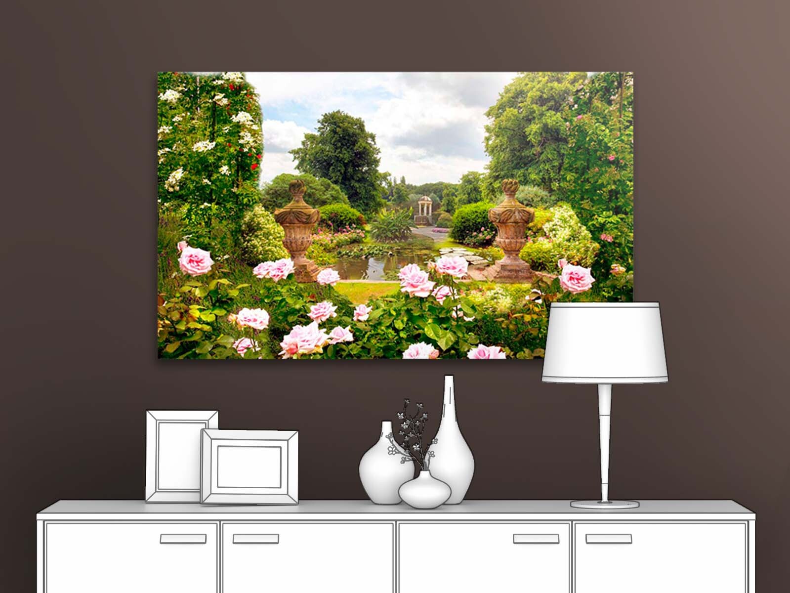фото Картина для интерьера первое ателье "деревья и цветы вокруг фонтана" 60х36 см