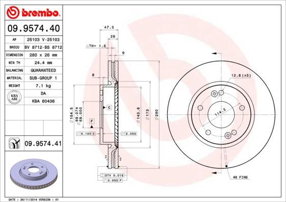 

Тормозной диск brembo передний для Hyundai i30 07-/Kia Ceed 06-, Soul 09- 09.9574.40