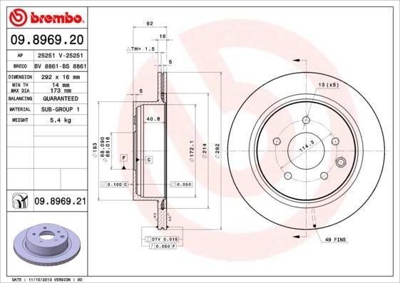 

Тормозной диск brembo задний для Nissan Leaf Electric 10-, Qashqai +2 07- 09.8969.20