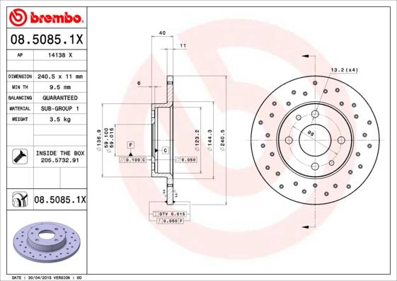 

Тормозной диск brembo задний для Alfa Romeo 145 94-01/Fiat 500 07-/Ford KA 08- 08.5085.1X