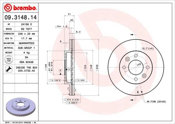 

Тормозной диск brembo передний для Renault 09.3148.14