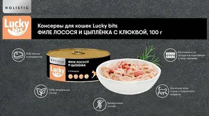 Консервы для кошек Lucky bits филе лосося и цыплёнка с клюквой 100 г 24 шт