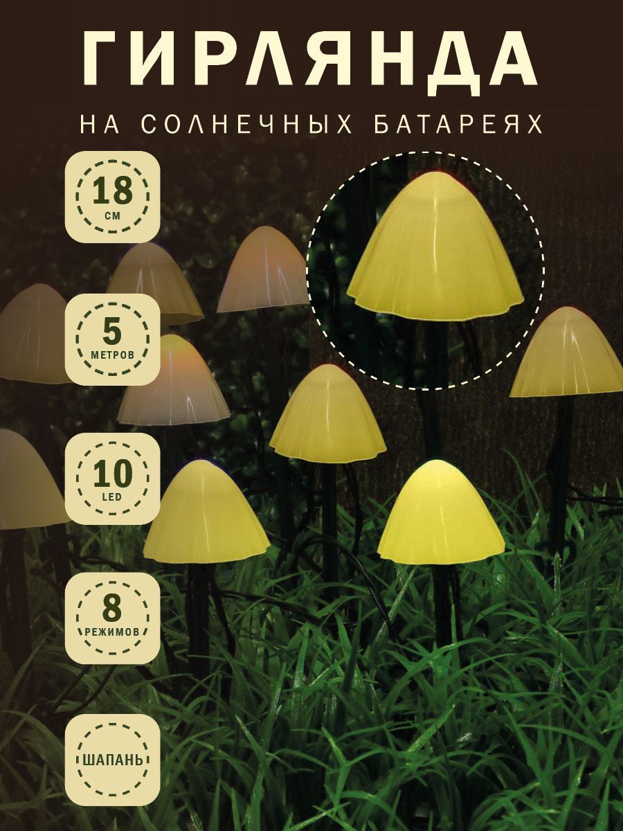 

INBLOOM Гирлянда на солн.батарее, 5м, 10LED, шампань, 8 реж, 18см, 2V80mA 1.2V600mAh, IP44, 185065