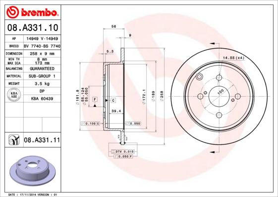 

Тормозной диск brembo задний для Toyota Corolla, Corolla sd, Corolla sw all 01- 08.A331.10