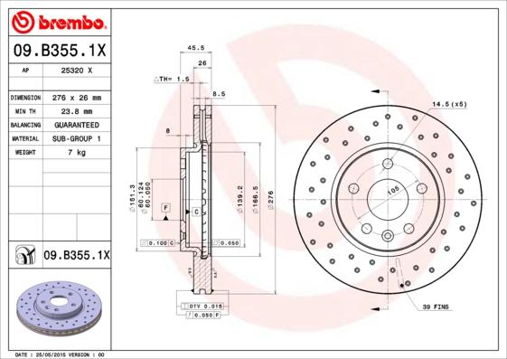 

Тормозной диск brembo задний для Chevrolet Aveo T300 hb 11-, Cruze J300 09- 09.B355.1X
