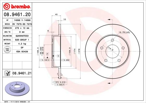 

Тормозной диск brembo задний для Nissan Almera Tino 00-, Primera hb, sw 02- 08.9461.20