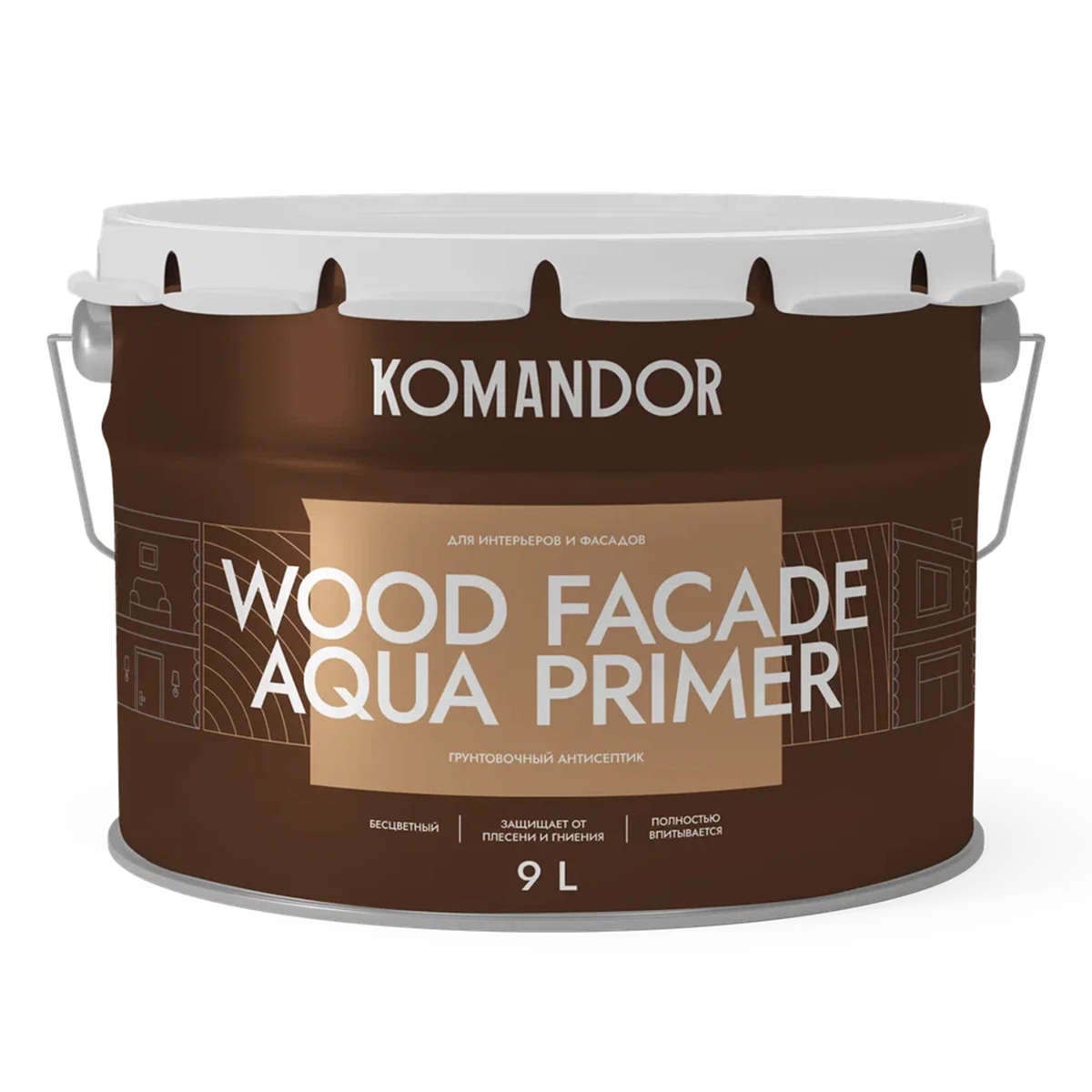 Грунт-антисептик для дерева Komandor Wood Facade Aqua Primer, 9 л