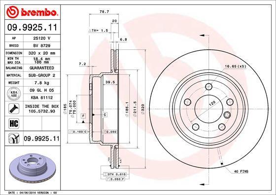 

Тормозной диск brembo для BMW X5 2007-, X6 2008- 09.9925.11