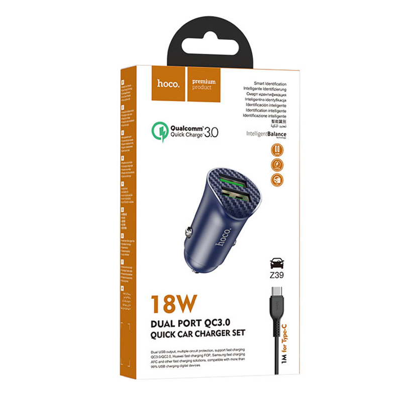 

Автомобильное зарядное устройство с 2 USB HOCO Z39+type-c, QC3.0, blue, Z39