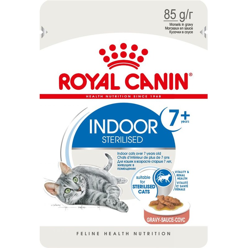 фото Влажный корм для кошек royal canin indoor sterilised, 7+ кусочки мяса в соусе, 12шт по 85г