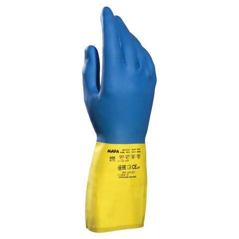 Перчатки латекс-неопрен MAPA Duo Mix/Alto 405, х/б напыление, р. 9 L, синие/желтые