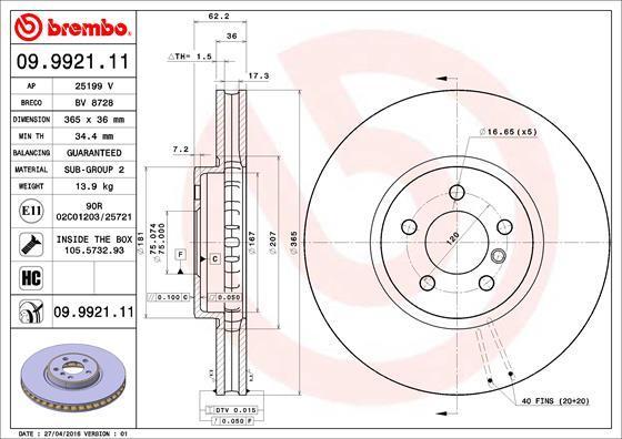 

Тормозной диск brembo для BMW X5 2007-, X6 2008- 09.9921.11