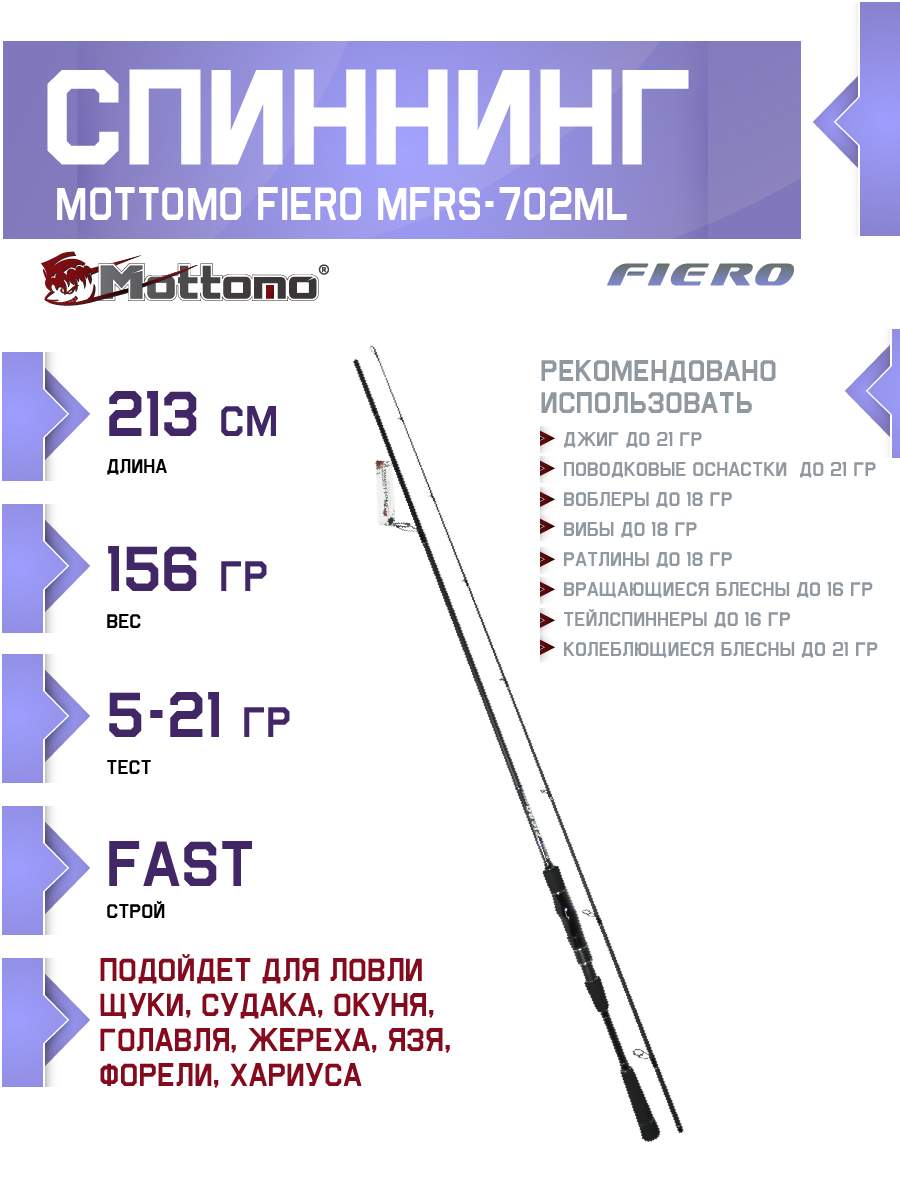 Спиннинг Mottomo Fiero MFRS-702ML 213см5-21g 5969₽