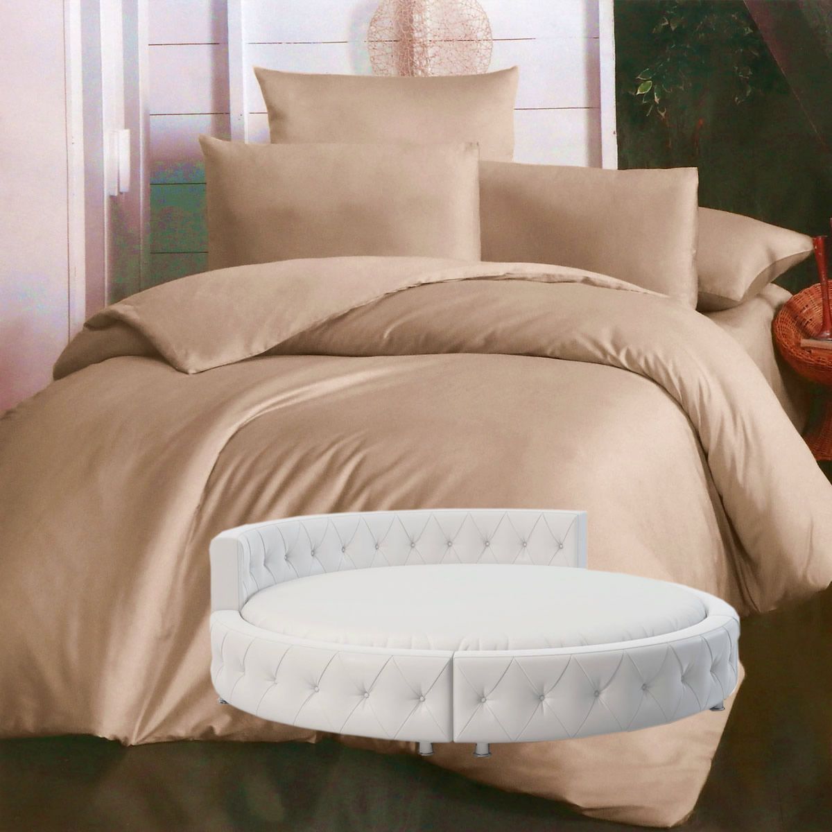 Простыня Maktex круглая из сатина на резинке 210x210x30 Бежевый Люкс