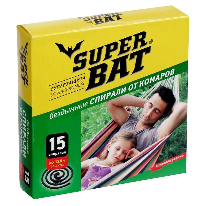 Спирали от комаров SuperBat, зелёные, бездымные, 15 шт