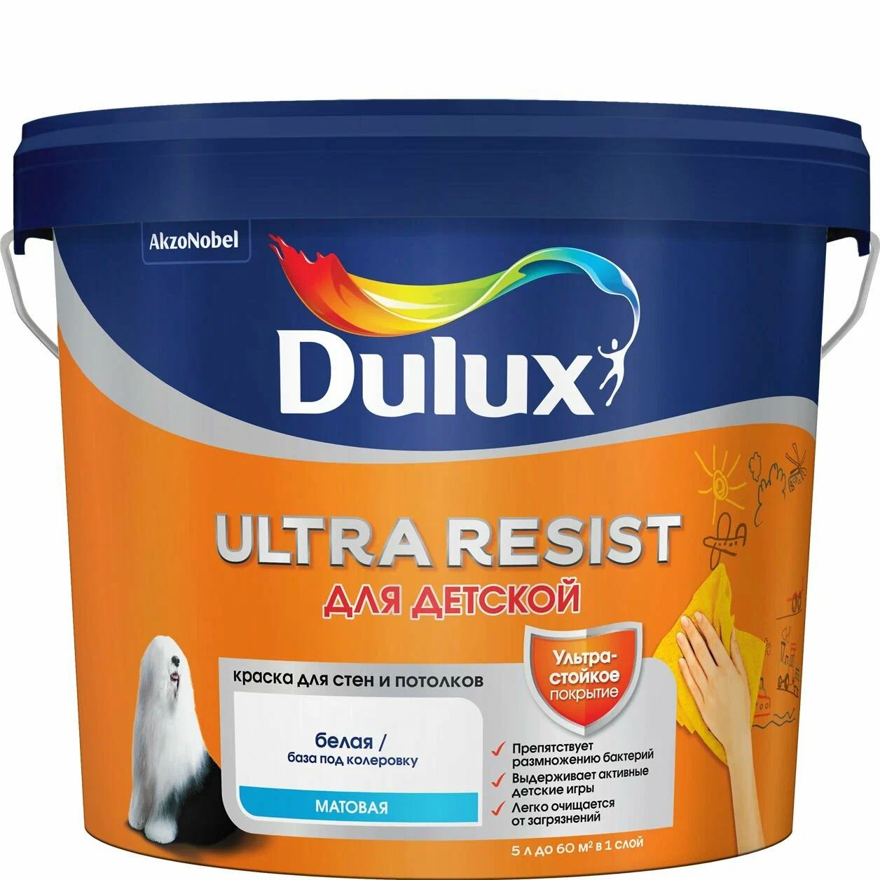 краска dulux ultra resist для кухни и ванной база bw 5 л Краска для стен и потолков Dulux Ultra Resist, для детской, матовая, база BW, 5 л