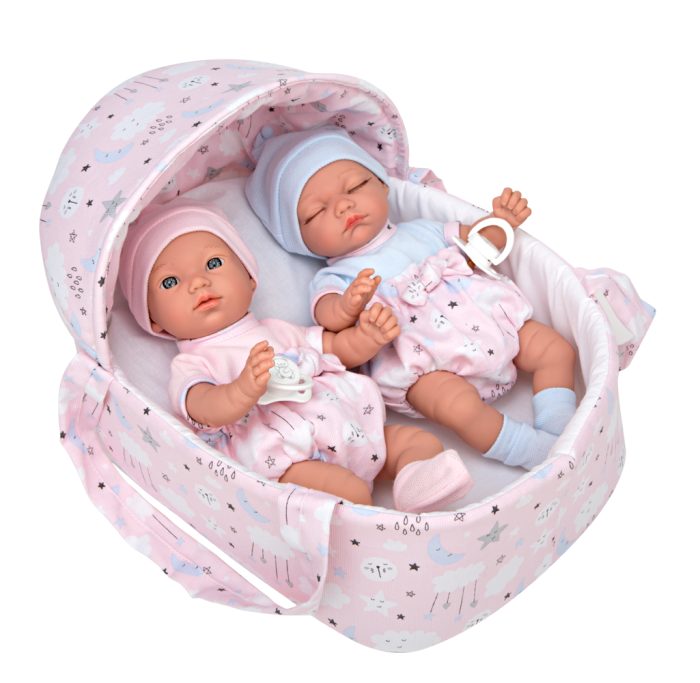 Куклы-двойняшки Arias ELEGANCE BABIS GEMELOS с сосками в люльке-переноске