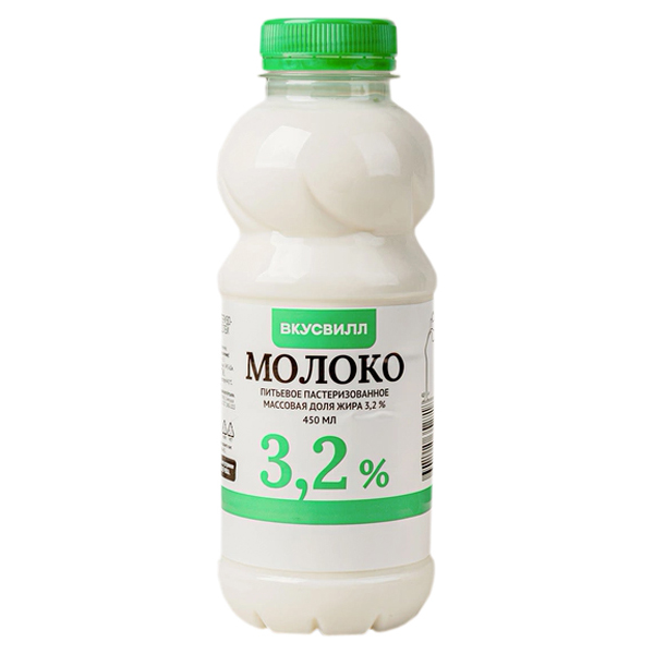Молоко 3,2% пастеризованное 450 мл ВкусВилл БЗМЖ