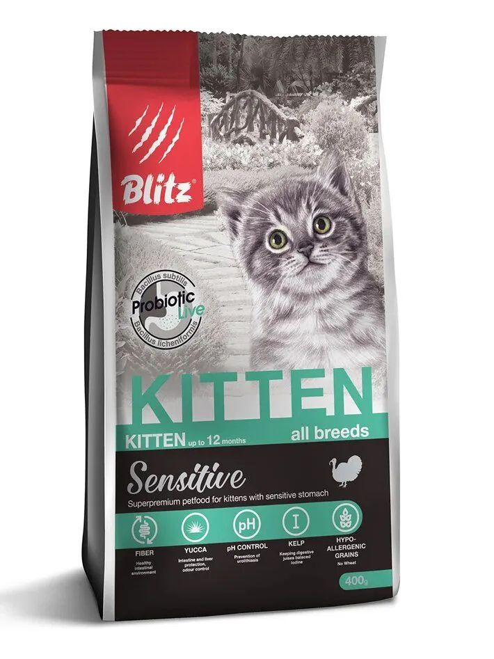 Сухой корм для котят Blitz Kitten с индейкой 400 г 745₽