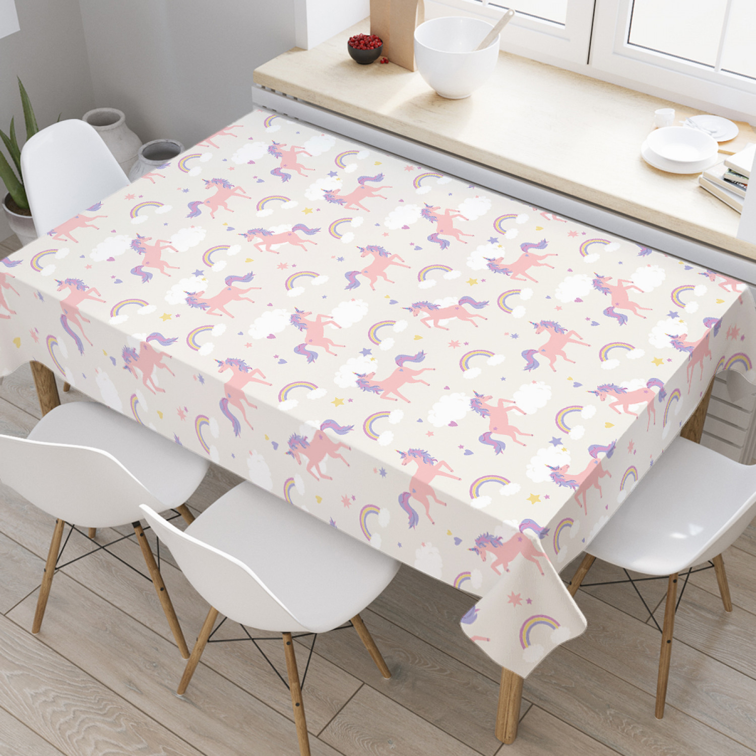 

Скатерть прямоугольная JoyArty "Мечтательный единорог" из оксфорда, 180x145см, Розовый, Мечтательный единорог