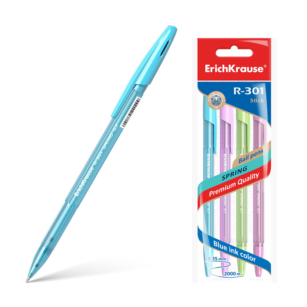

Ручка шариковая ErichKrause R-301 Stick Spring 0.7, цвет чернил синий, 4 шт, 4 шт