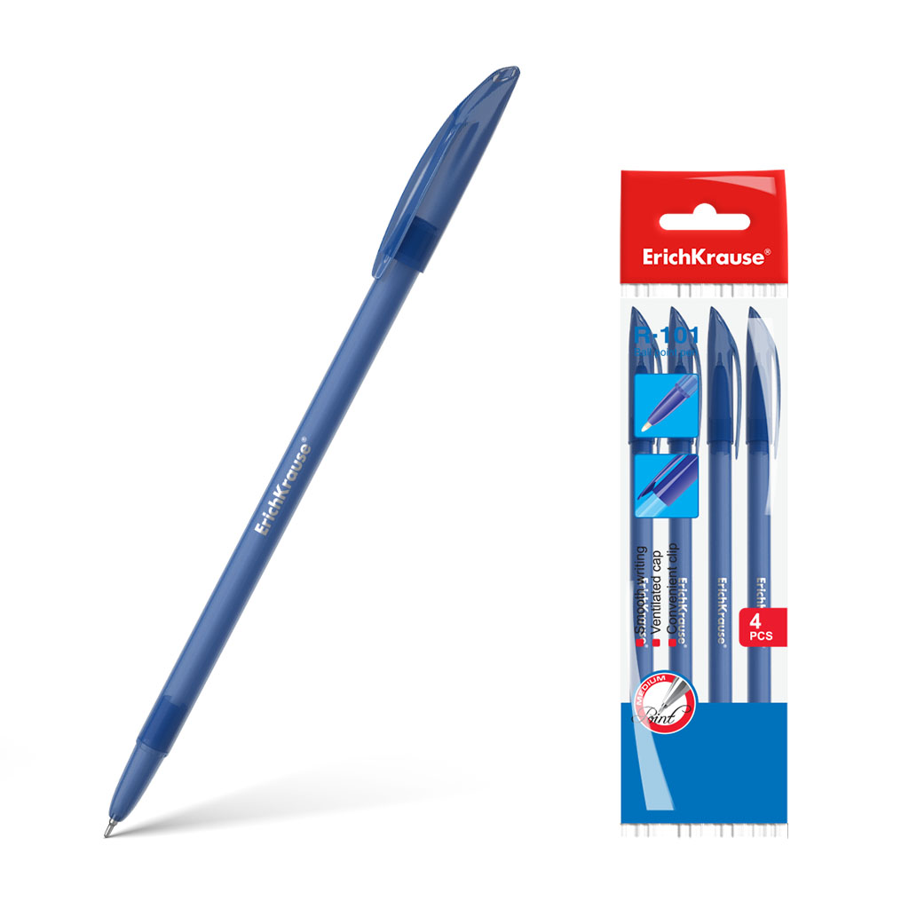 

Набор ручек шариковых ErichKrause R-101 33515, синие, 1 мм, 4 шт., R-101