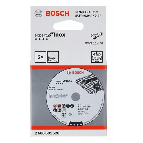 фото Отрезной диск bosch expert for inox, по металлу, 76мм, 1мм, 10мм, 5шт [2608601520]