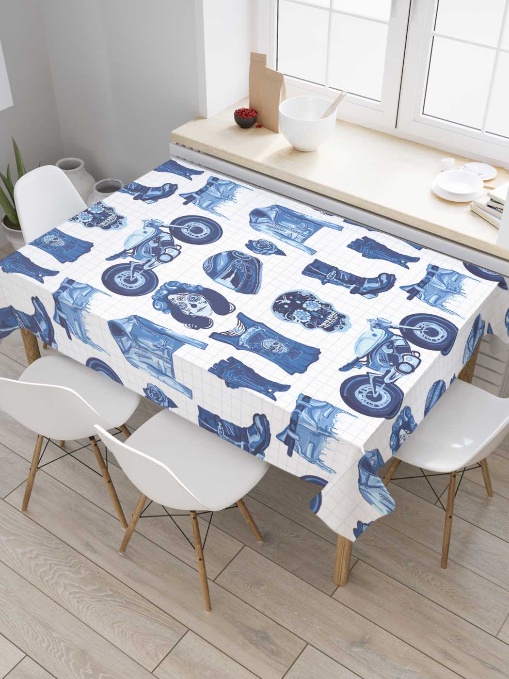 

Скатерть прямоугольная JoyArty "Байкерская мода" из оксфорда, 180x145 см, Белый, Байкерская мода