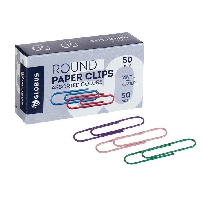 

Скрепки канцелярские GLOBUS, 50 шт., 50 мм, цветные