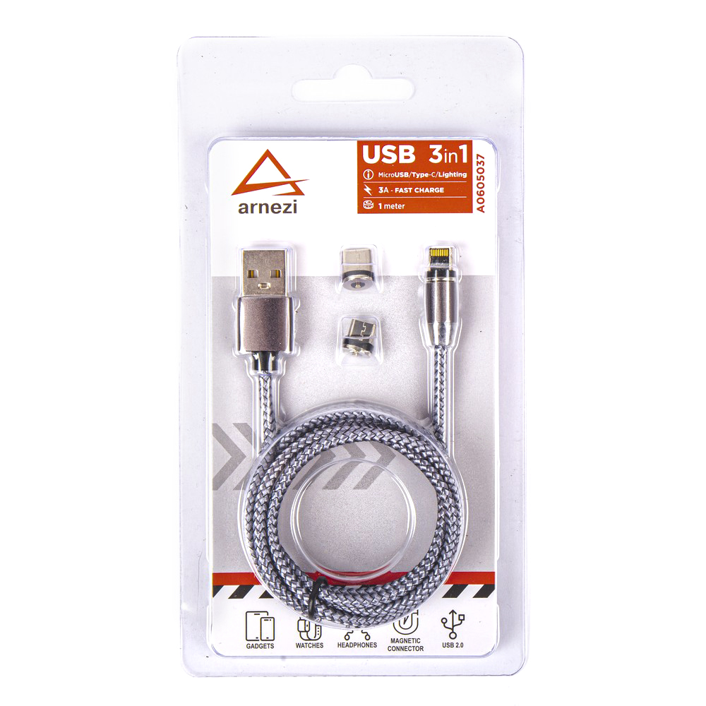 Дата-кабель 3в1 USB - Micro/Type-C/Lightning (1м, 3А) магнитный коннектор, c подсветкой