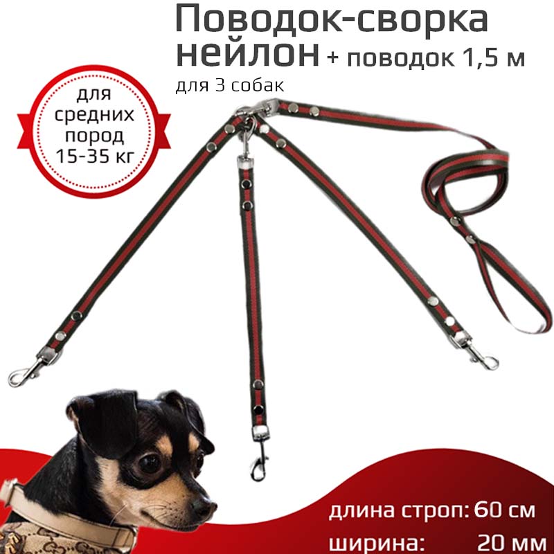 

Поводок-сворка для собак Хвостатыч, зелено-красный, нейлон, 2 х 60 см х 20 мм