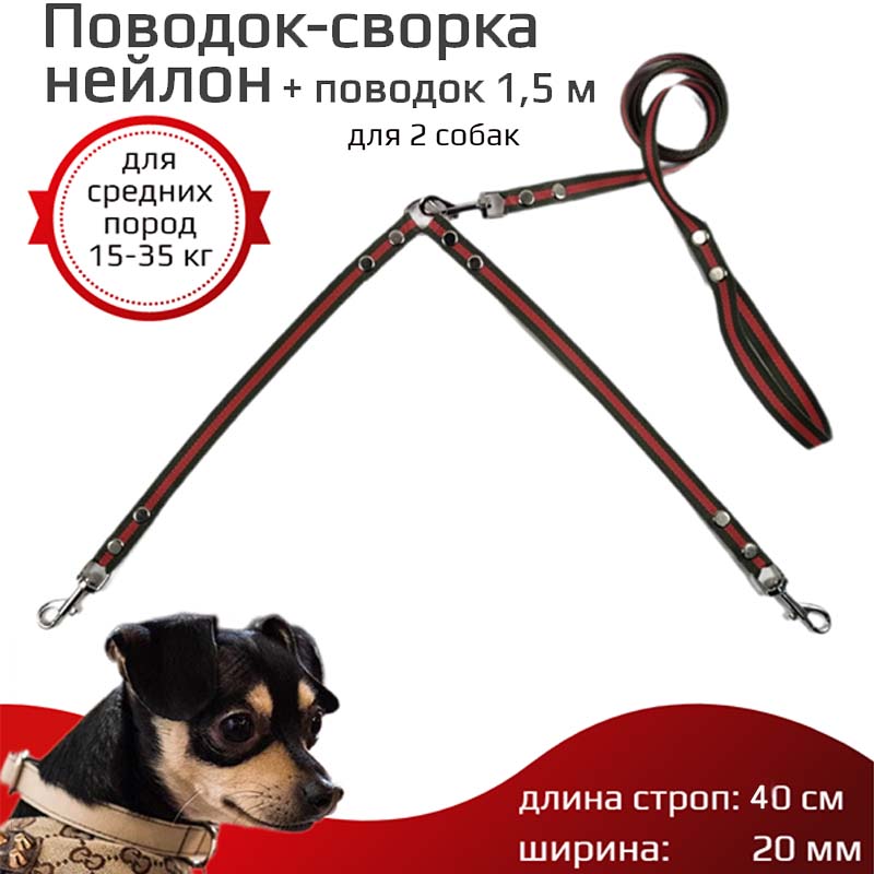 

Поводок-сворка для собак Хвостатыч, зелено-красный, нейлон, 2 х 40 см х 20 мм