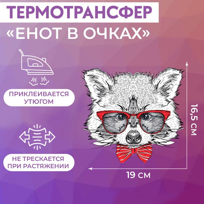 

Термотрансфер Арт Узор Енот в очках, 16,5 x 19 см, 5шт., Разноцветный