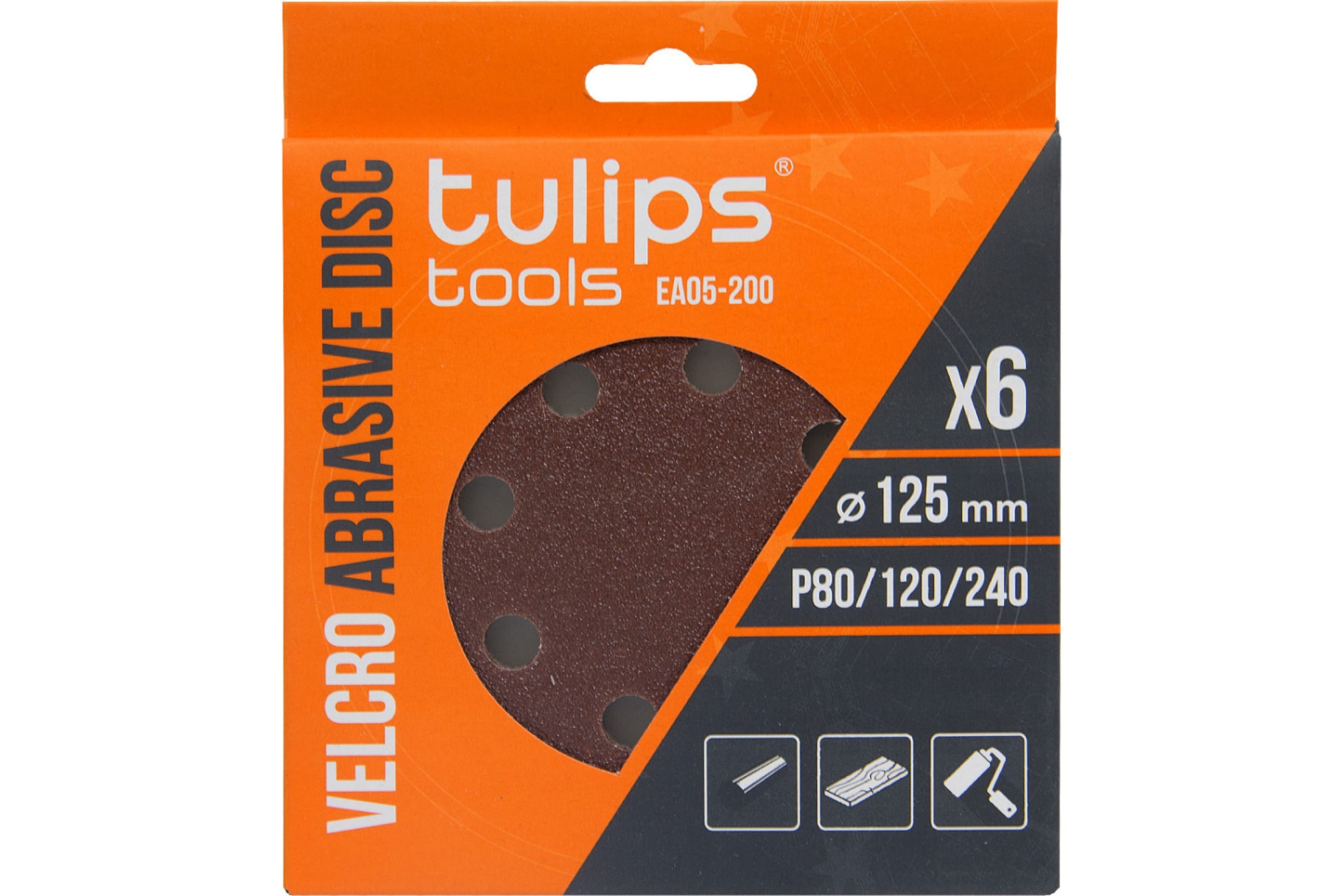 Tulips tools Диск шлифовальный с липучкой, 125 мм, P 80/120/240, 6 шт EA05-200 диск шлифовальный с липучкой 20 шт 125 мм p240 tulips tools ea05 204