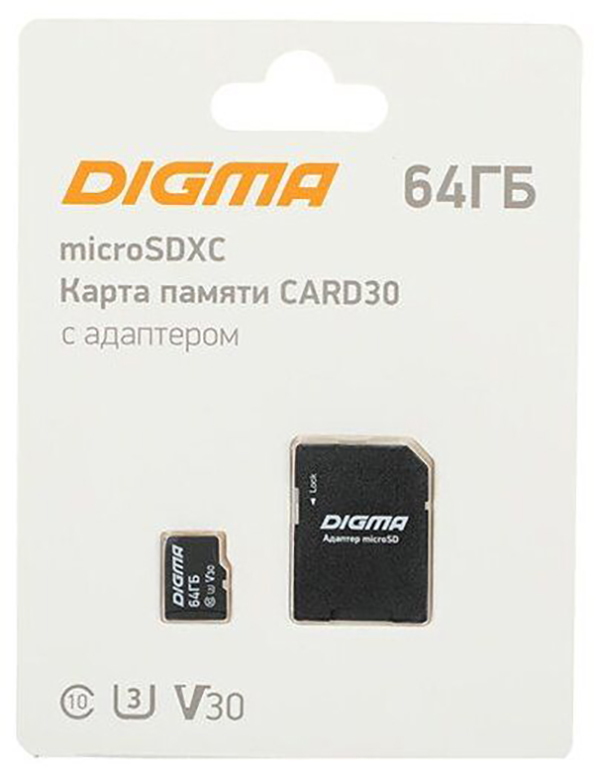 Флеш карта Digma microSDXC 64Gb, Class10, CARD30+adapter, dgfca064a03