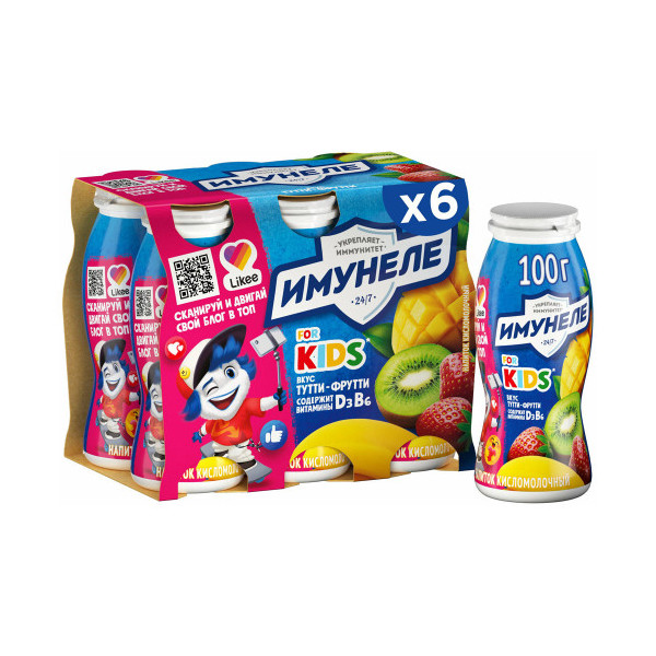 Кисломолочный напиток Имунеле for Kids Тутти-Фрутти с 3 лет 1,5% 100 г х 6 шт