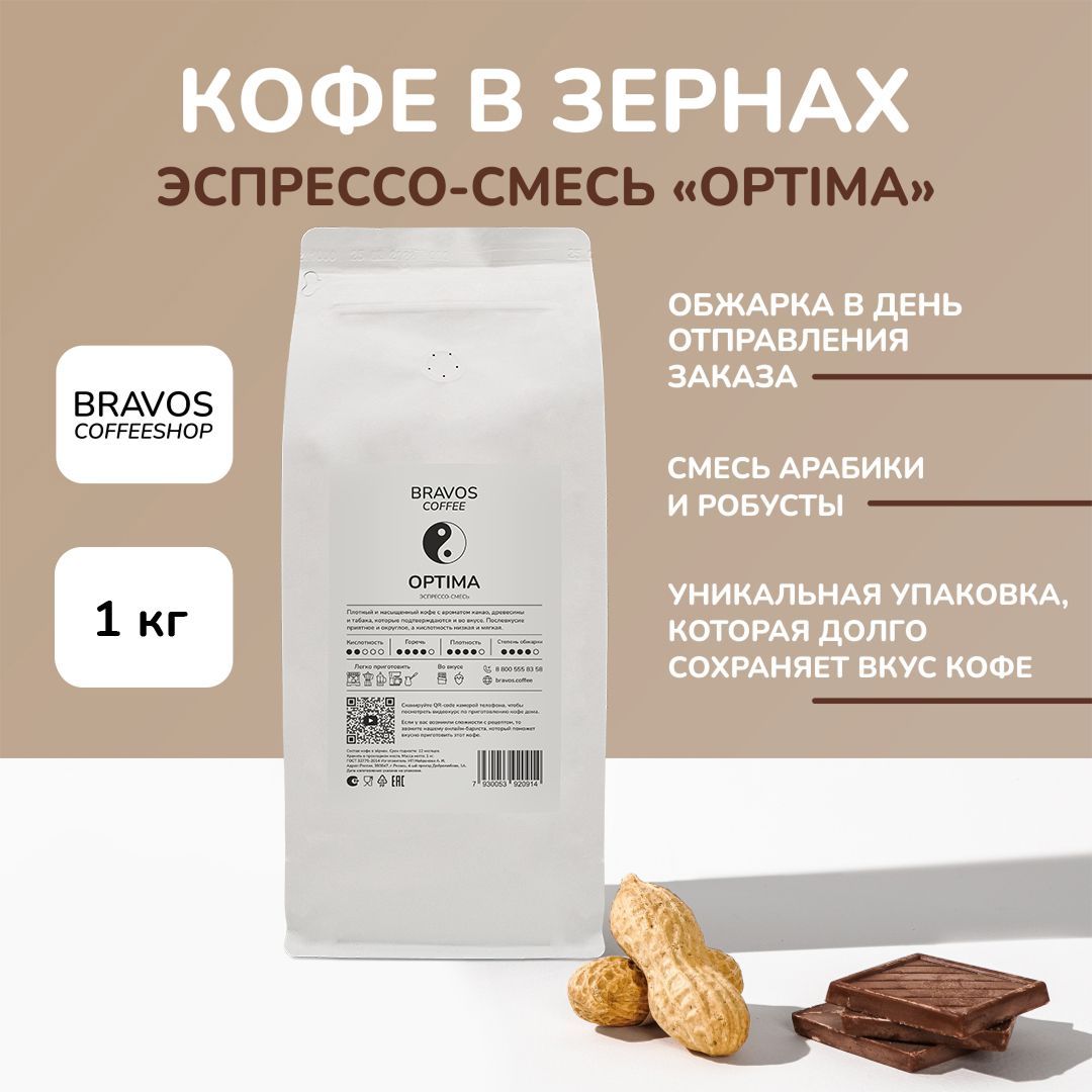 Кофе в зернах Bravos Свежеобжаренный  Эспрессо-смесь Optima, 1 кг