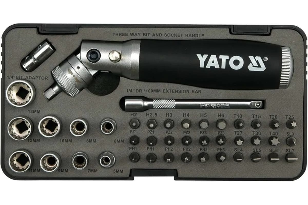 YATO Отвертка с трещоткой+головки и биты 42пр