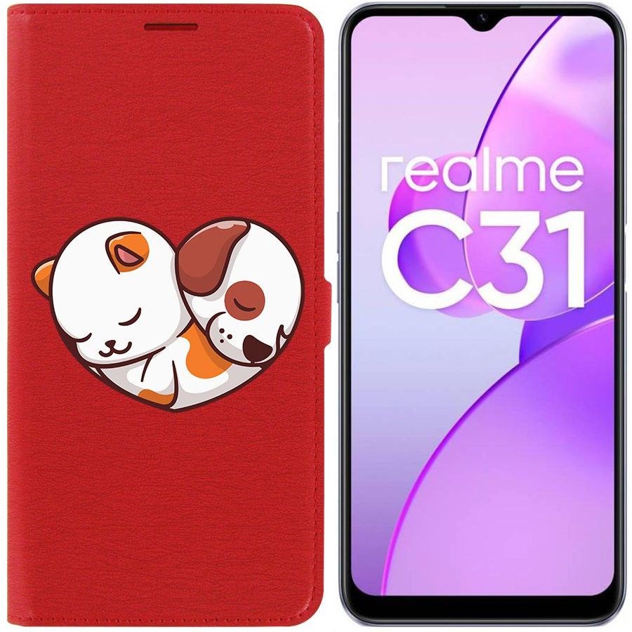 

Чехол-книжка Eco Book для Realme C31 Котёнок и Щенок, Красный