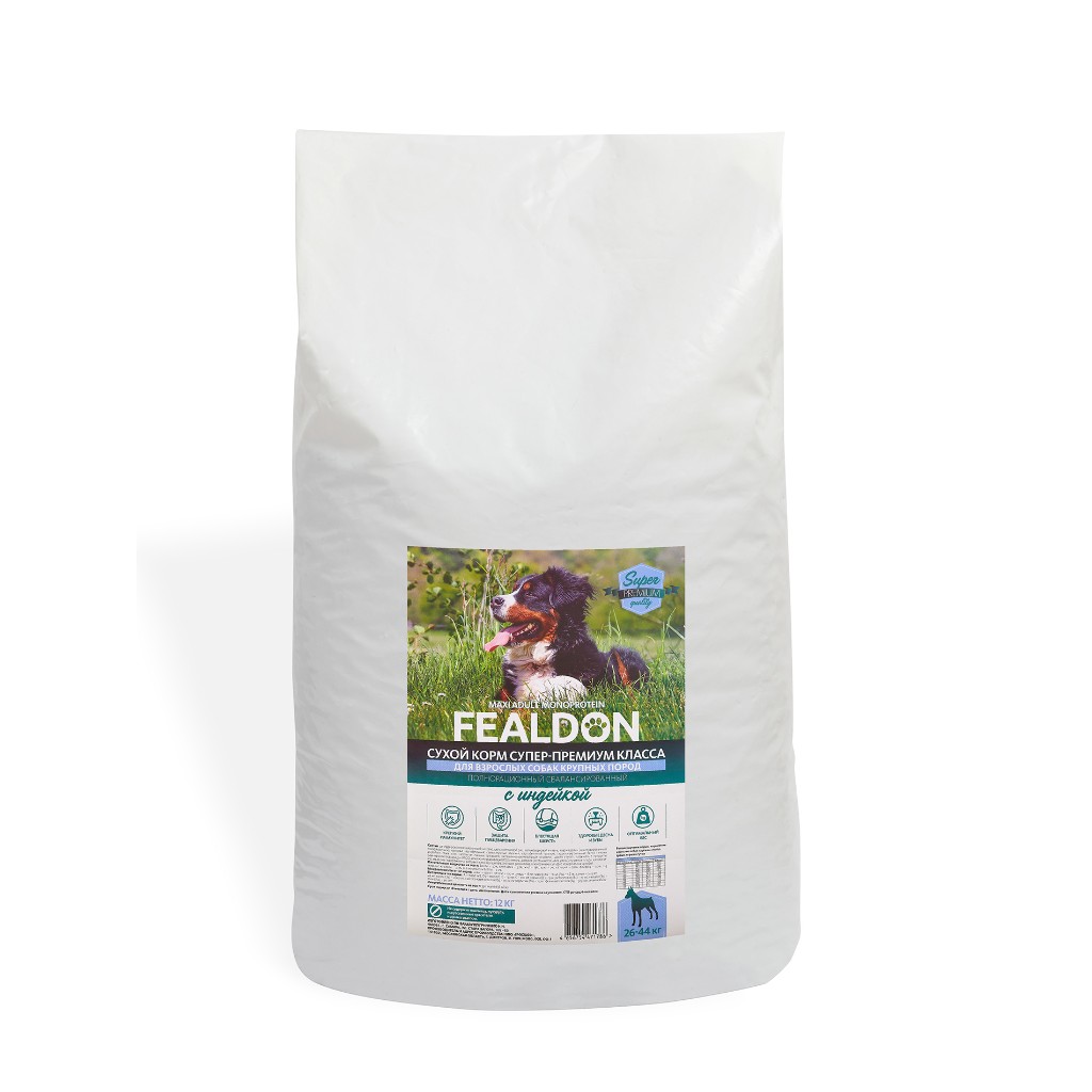 Сухой корм для собак Fealdon Monoprotein, для взрослых, крупных пород, c индейкой, 12 кг