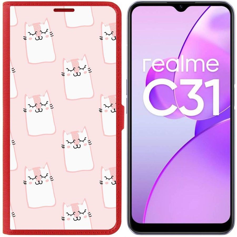 

Чехол-книжка Eco Book для Realme C31 Котики паттерн, Красный