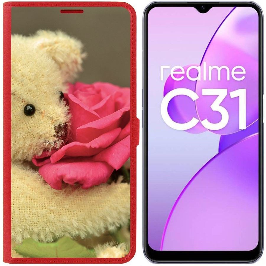 

Чехол-книжка Eco Book для Realme C31 Медвежонок с розой, Красный