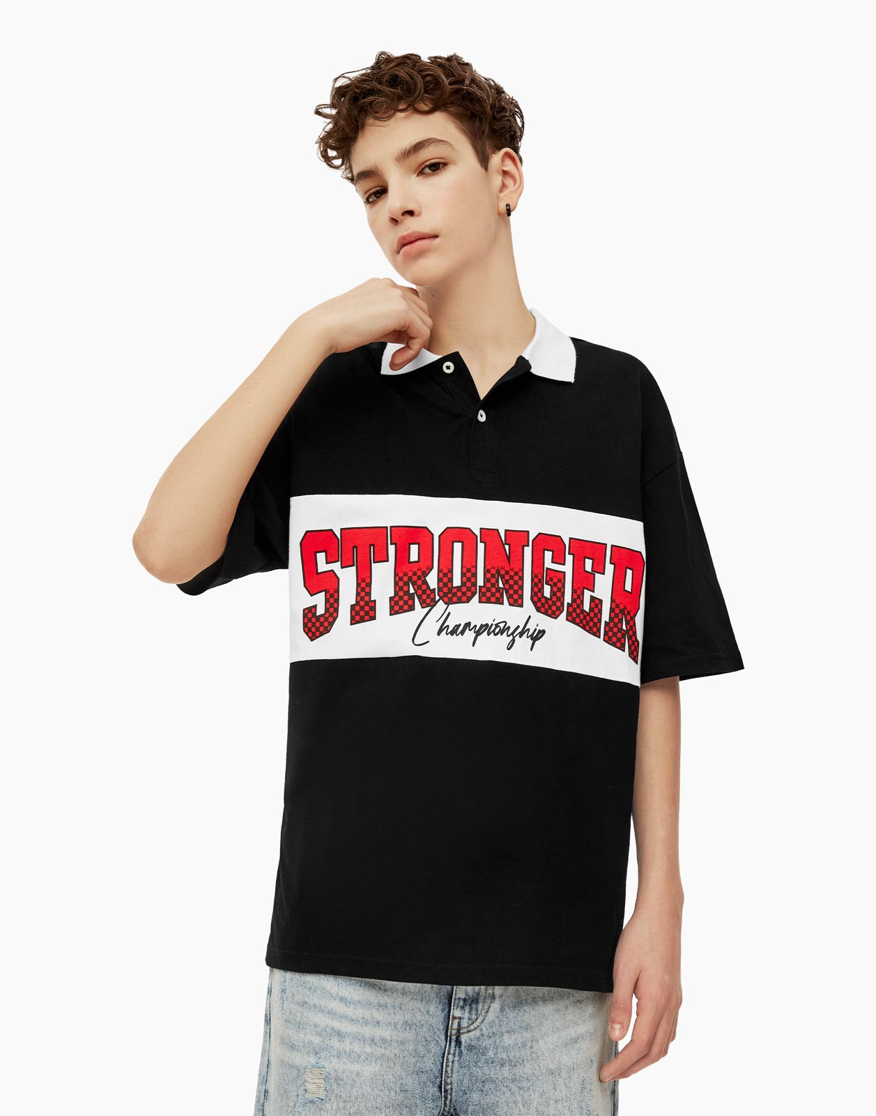

Чёрное поло oversize c принтом Stronger для мальчика 14+/170, Черный, BKT012323