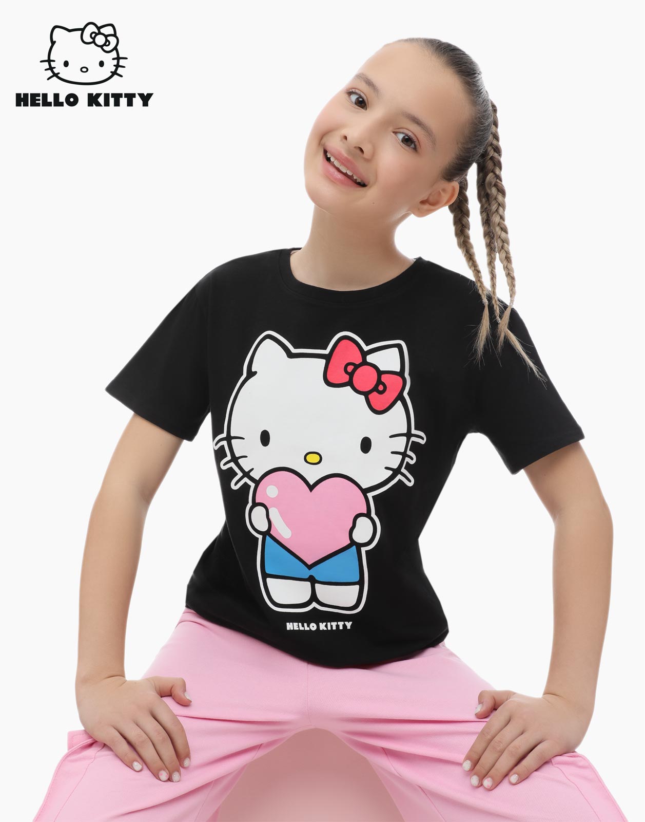 

Чёрная футболка с принтом hello kitty для девочки 8-10л/134-140, Черный, GKT021954