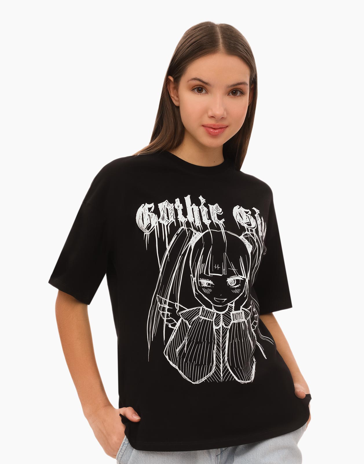 

Чёрная футболка superoversize с аниме-принтом для девочки 5-6л/116, Черный, GKT021943