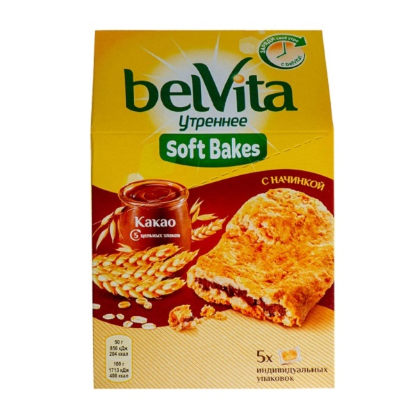 Печенье Belvita Утреннее Софт Бэйкс с цельнозерновыми злаками и начинкой какао 250 г